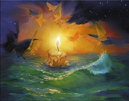 Candlelight - storm, water, amazing, butterflies, beautiful, candle, ocean, lovely, magical, colorful, butterfly