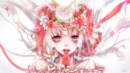 Megurine Luka - megurine luka, face, flower, soroa, pink, anime, girl, manga, white