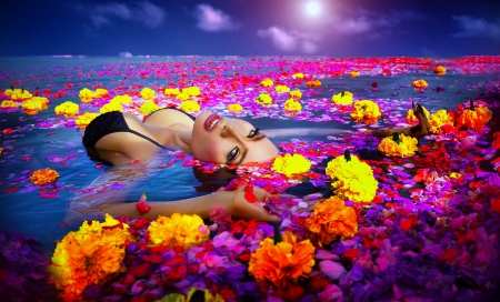 Surrounded by Flowers - woman, girl, people, photography, colorful, water, fantasy, exotic, art, pretty, bikini, beautiful, mood, digital, flowers