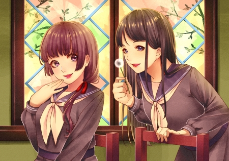 Dandelion - flower, cute, happy, maiden, anime girl, adorable, girl, smiling, ribbon, lady, uniform, dandelion, pretty, kawaii, sweet, window, brown hair, anime, hd, long hair, nice, lovely, smile, female