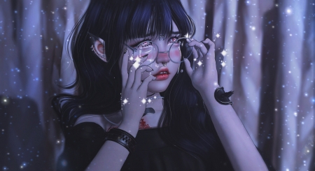 Tears - tears, female, dress, sparkles, long hair, tattoos, fantasy woman, earings, abstract, beautiful, beauty, glases, elf, black, fantasy, lady, woman, black hair