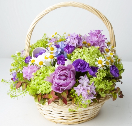 Flowers - basket, purple, green, rose, lilac, card, flower, pink