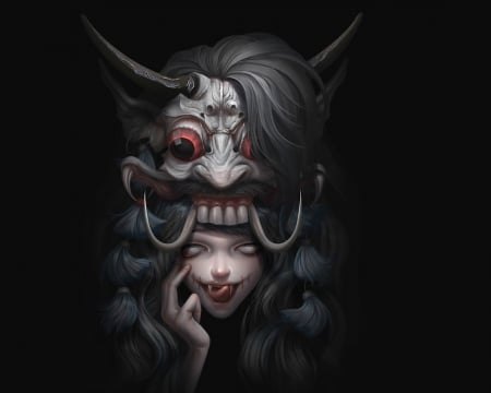 Demon - red, demon, black, mask, girl, white, fantasy, tongue, asep ariyanto, luminos, horns