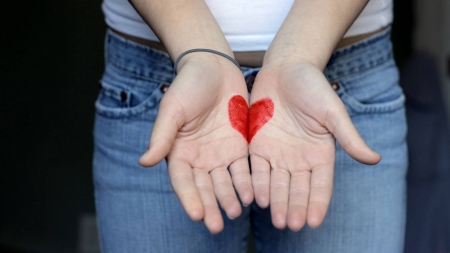 Heart - red, card, valentine, heart, hand, jeans