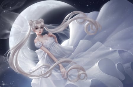 Princess Serenity - moon, princess serenity, beauty, girl, sunmomo, frumusete, fantasy, sailor moon, white, blue, anime, luna, manga