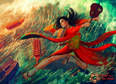 Fantasy girl - mario wibisono, red, rain, instrument, isawa uzuyumi, ship, girl, fantasy, storm, sea, asian, luminos, green