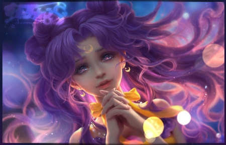 Luna - moon, beauty, girl, sunmomo, frumusete, fantasy, sailor moon, face, purple, anime, luna, manga