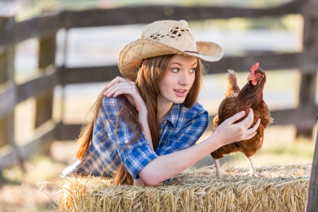 Farm Life - hat, cowgirl, hay, bale, farm, fence, brunette