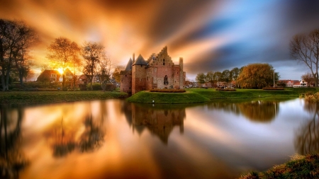 Castle Lake Sunset, Netherland - clouds, trees, sunset, nature, lake, reflection, castle