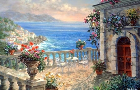 Mediterranean Elegance - oceans, summer, attractions in dreams, paintings, sea, seaside, flowers, hotels, nature, villages, love four seasons