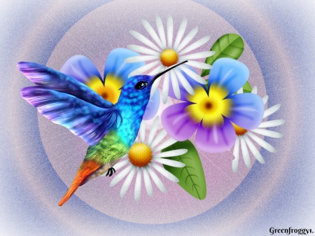 HUMMINGBIRD ON BLUE FLOWERS - hummingbirds, image, abstract, flowers