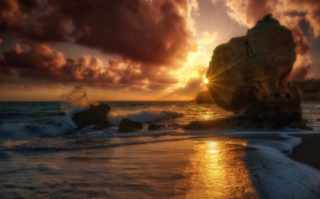 Sunrise - Portugal, shore, surf, rays, sea, stones, rocks, sun