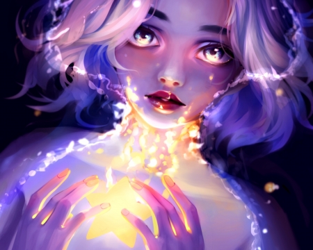 Stars - star, yellow, girl, eyes, lulybot, pink, fantasy, purple, hand, face, art, luminos