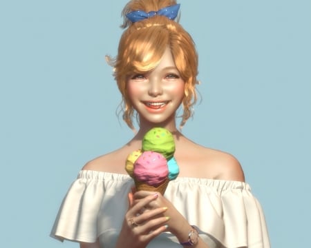 She loves ice cream - blue, food, girl, pink, ice cream, fantasy, white, kwon eunhye, green, CG, luminos