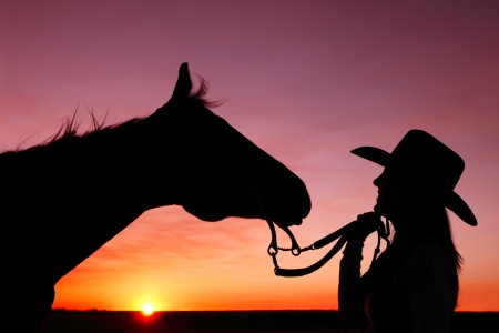 Sunset and Silhouettes - hat, cowgirl, sihouettes, sunset, horse, sun, sky