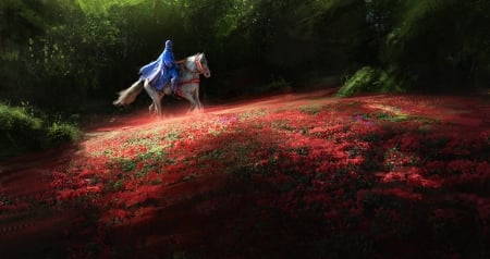 Horseman - horseman, flower, horse, thuberchs, fantasy, red, green, field, art, luminos