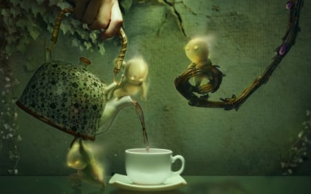 Tea party - spirit, kettle, green, tea party, creative, fantasy, cup