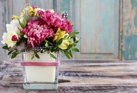 Flowers - glass, bouquet, vase, white, wood, yellow, pink, green, flower