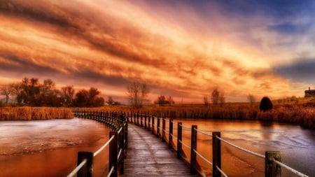 Autumn Wooden Bridge - clouds, river, trees, wooden, nature, autumn, sky, bridge