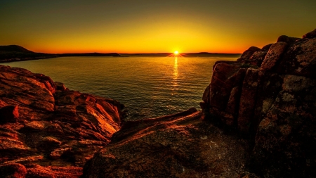 Sunset At Acadia National Park - rocks, reflection, sunset, sea, nature, park