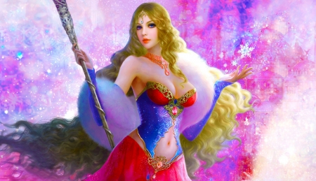 Fantasy Fairy - woman, jewelry, girl, long hair, fantasy, art, pretty, pink, beautiful, fairy, digital, blonde