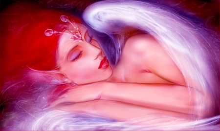 Sleeping Angel - pretty, beautiful, serene, girl, angel, fantasy, redhead, digital, woman, sleeping, art