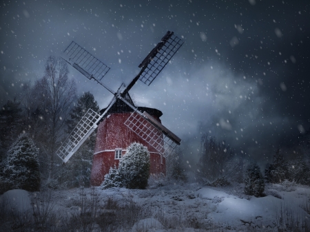 Winter - winter, nature, windmill, sky