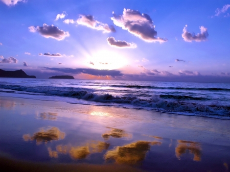 Beach Sunset - wave, reflection, clouds, beach, sunset, sea, nature