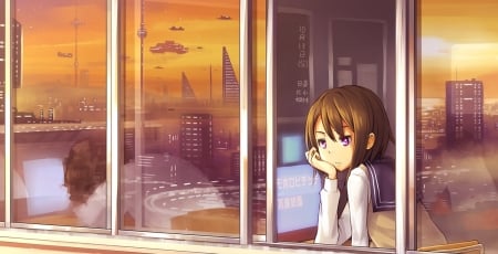 Gazing At The Futuristic Cityscape - Sunset, Computer, Futuristic, Cityscape, Classroom, Anime Girl, Brunette, Gazing, Anime, Purple Eyes, Bored, Reflection, School Uniform, Seifuku, Big Eyes