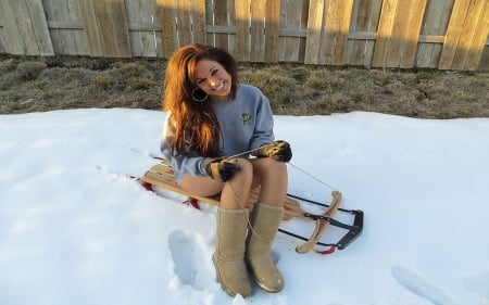 Cowgirl Sleigh Riding.. - style, girls, women, sleigh, models, brunettes, cowgirl, fun, boots, cold, fashion, western, winter, ranch, outdoors, fence, female, snow