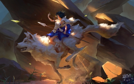 Princess Mononoke - hime, blue, wolf, orange, lup, fantasy, animal, princess, art, luminos, mononoke