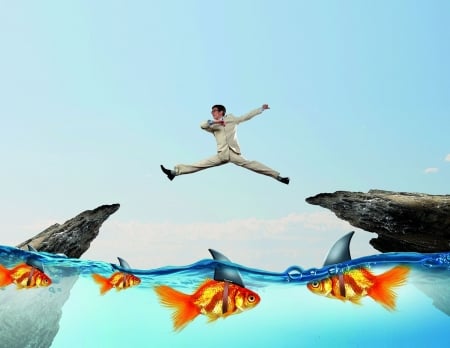 A big jump - summer, funny, rock, pesti, water, blue, jump, creative, fish, orange, stone, man