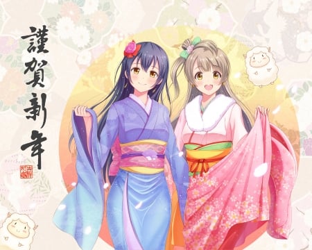 Love Live - new year, female, love live, lamb, kawaii, anime, animal, school idol project, sonoda umi, kotori minami, kimono, cute