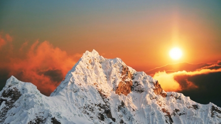 Sunset over the Snowy Mountain - nature, mountains, sunset, snowy