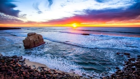 Sunset at San Diego - clouds, sunset, nature, waves, ocean, orange, sky