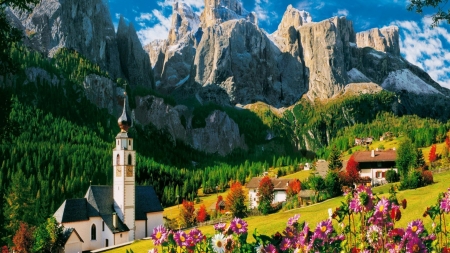 Village on the Mountain Slope - nature, village, slope, church, mountain, clouds, cabin