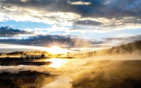 misty sunset - misty, fun, sunset, nature, lake, cool