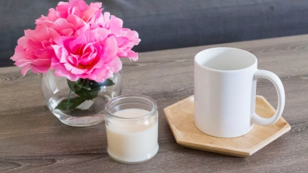 Still Life - flowers, pink, still life, cup