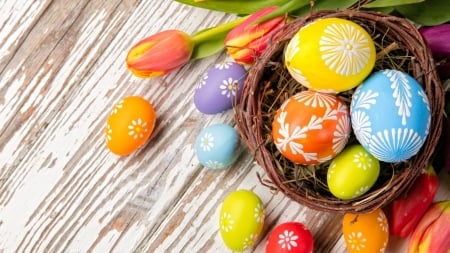 Easter Eggs - eggs, easter, tulips, wood