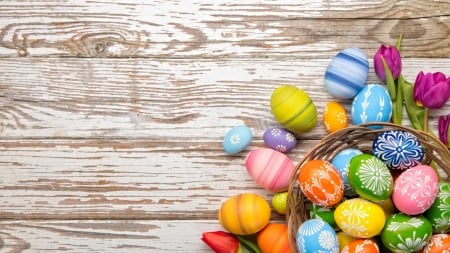 Easter Eggs - eggs, easter, tulips, wood