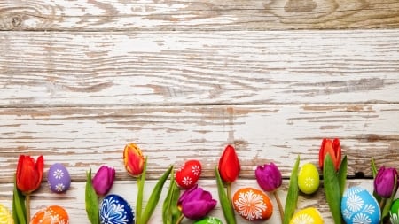 Easter Eggs - eggs, easter, tulips, wood