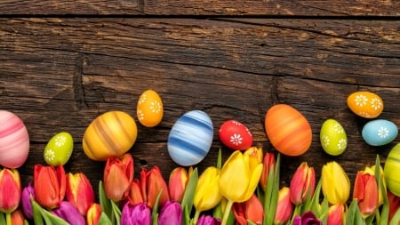 Easter Eggs - eggs, tulips, eastet, wood