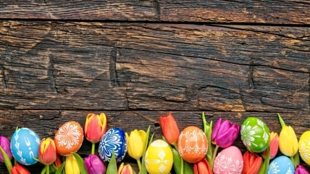 Easter Eggs - eggs, easter, tulips, wood