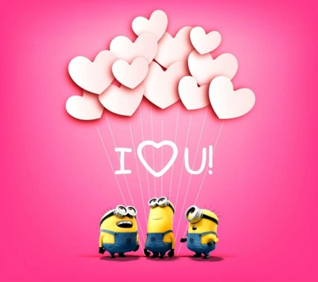 Minions (2015) - animation, heart, yellow, poster, love, pink, white, funny, valentine, movie, balloons, cute, minions