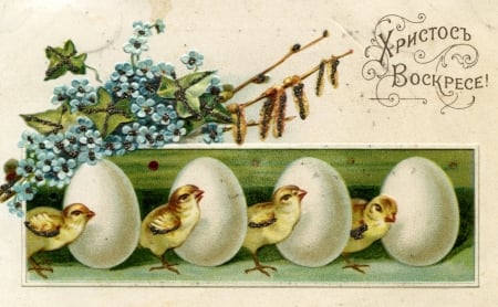 Happy Easter! - chicken, vintage, blue, card, easter, egg, flower, spring