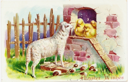 Happy Easter! - chicken, yellow, pink, easter, sheep, vintage, green, cute, card