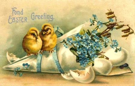 Happy Easter! - chicken, yellow, blue, spring, flower, easter, vintage, egg, card