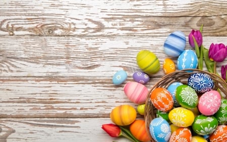 Happy Easter! - easter, colorful, basket, wood, egg, card, flower