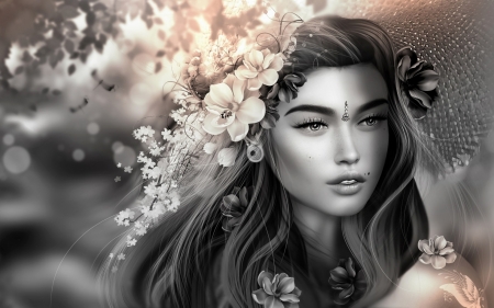 Beauty - girl, beauty, flower, black, fantasy, rendering, bw, face, luminos