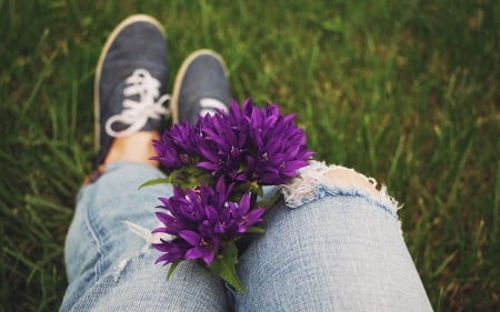 Purple flowers - flower, purple, legs, pink, shoes, jeans, blue, green